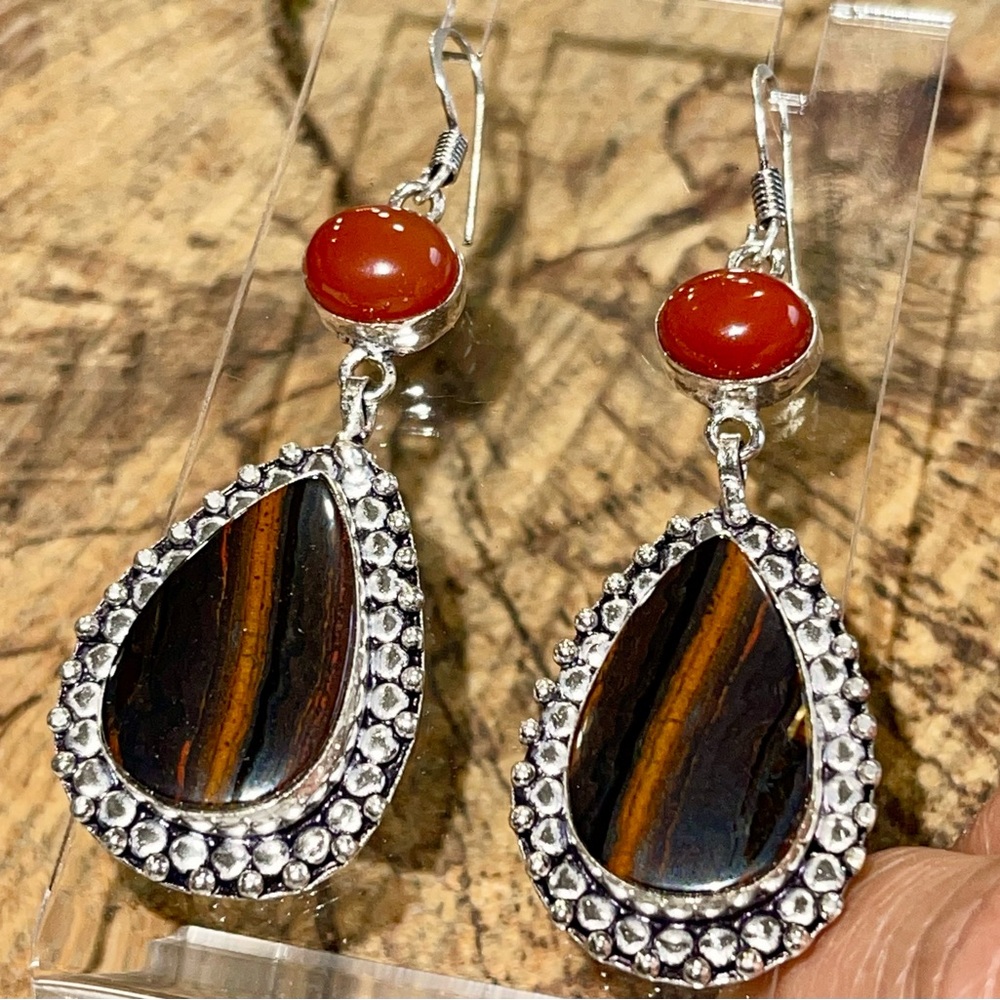 Dark Iron Tiger Eye Earrings 2 1/2”
